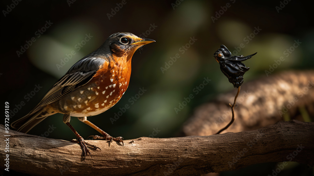 Beautiful background image of a wild robin (Erithacus rubecula) with stunning colors and a monarch butterfly (Danaus plexippus) standing on a branch, generative ai