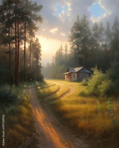 a painting of a house in the middle of a field, forest path, art illustration 