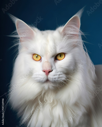 white cat with yellow eyes on a blue background, portrait, maine coon, generative ai 