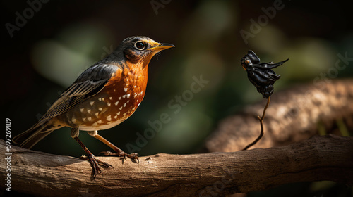 Beautiful background image of a wild robin (Erithacus rubecula) with stunning colors and a monarch butterfly (Danaus plexippus) standing on a branch, generative ai
