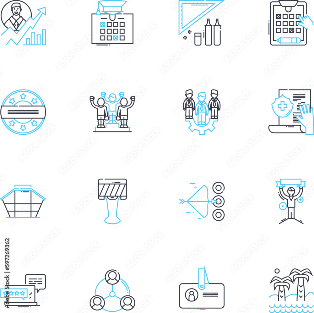 Meeting room linear icons set. Conference, Boardroom, Seminar, Executive, Training, Collaborative, Presentation line vector and concept signs. Discussion,Workshop,Brainstorming outline Generative AI - obrazy, fototapety, plakaty 