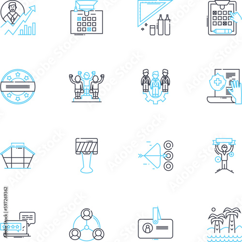 Meeting room linear icons set. Conference, Boardroom, Seminar, Executive, Training, Collaborative, Presentation line vector and concept signs. Discussion,Workshop,Brainstorming outline Generative AI photo