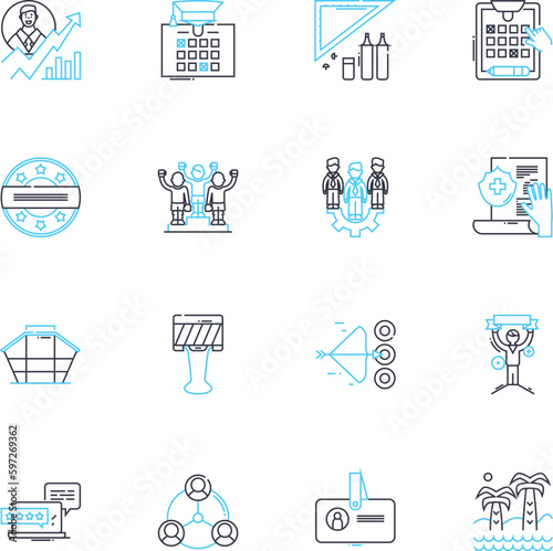 Meeting room linear icons set. Conference, Boardroom, Seminar, Executive, Training, Collaborative, Presentation line vector and concept signs. Discussion,Workshop,Brainstorming outline Generative AI