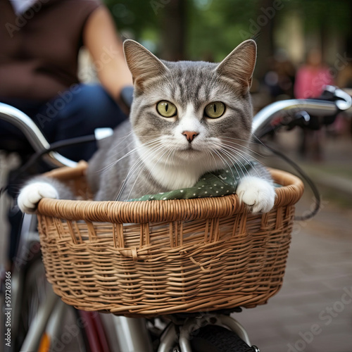 A cute image of a cat sitting in a bicycle basket on the back of a bike with people walking by in the background. Generative Ai