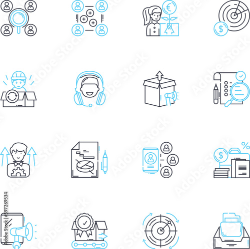 Leadership staff linear icons set. Mentorship, Visionary, Empowerment, Decisiveness, Accountability, Inspiration, Communication line vector and concept signs. Generative AI