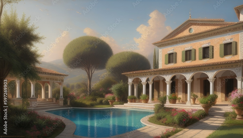 Vintage old italian villa with lawn, garden and pool in evening. Warm soft light. Generative AI
