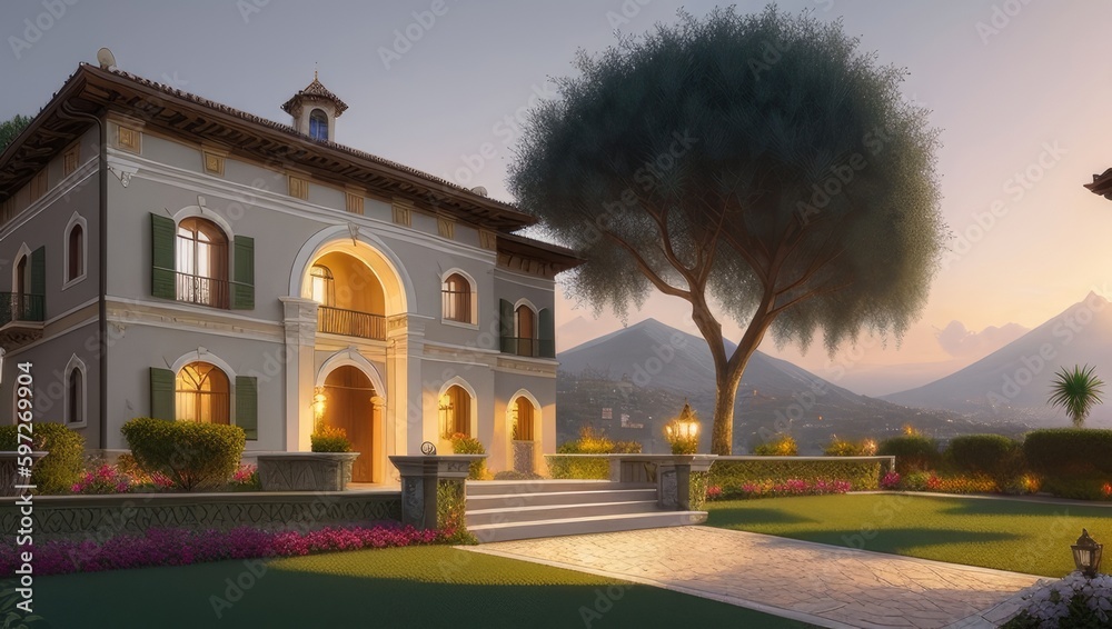 Vintage old italian villa with lawn and tree in evening. Soft light. Generative AI