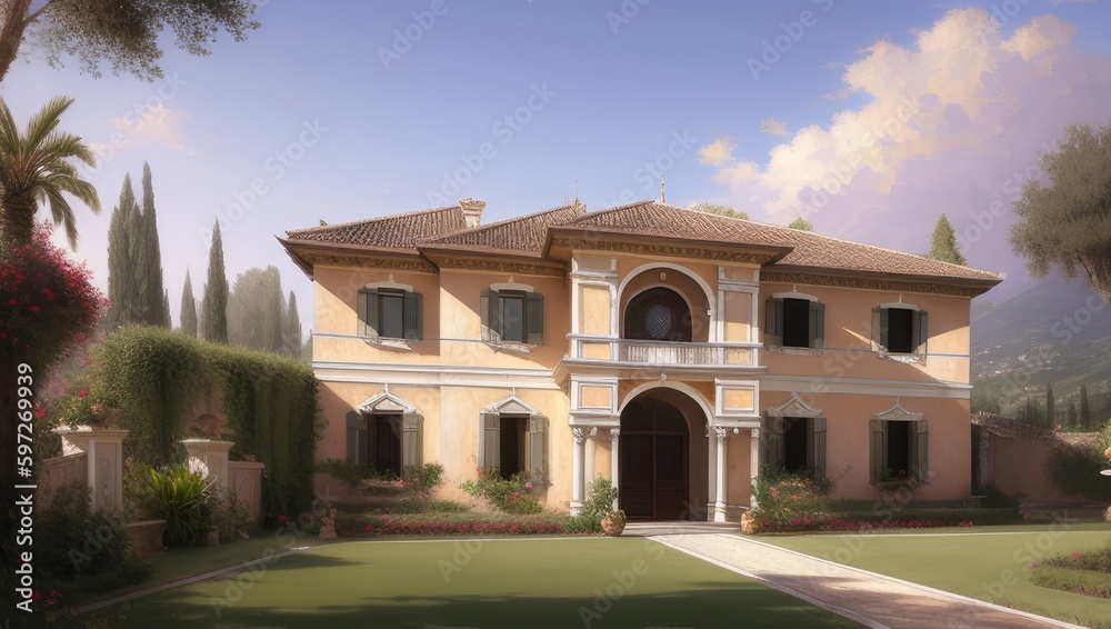 Vintage old italian villa with lawn and garden in sunny day. Soft light. Generative AI