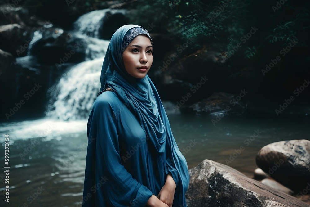 a young malay woman styling a tudung hood gracefully stands under a