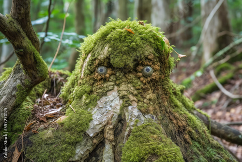 Nature's optical illusion - face-like shape appears on moss-covered rock in a mystical, magical forest. Perfect for mysterious visuals. Generative AI