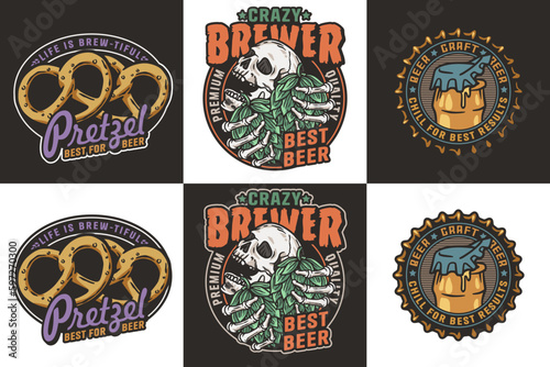 Beer set of emblems with skull and hop, bottle cap and pretzel for brewery or bar. Craft beer vector logo for pub and factory