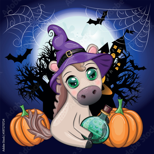 Cute horse, pony in a purple witch hat, with a broom, pumpkin, potion. Halloween card for the holiday