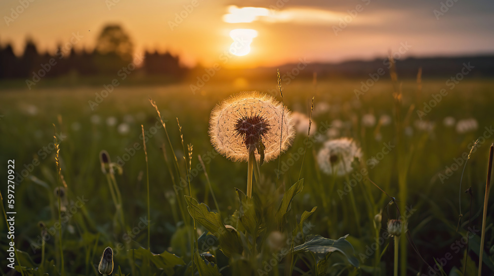 Dandelion Field With Flying Seeds At Sunset, generative ai