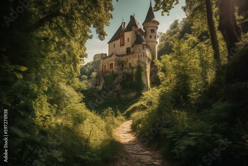 Sunny path leading to a fairytale castle amidst lush green forest. Generative AI