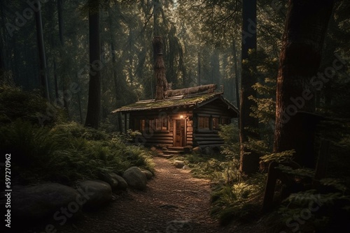 Cozy cabin hidden in a forest with a serpentine trail leading up to its door. Generative AI