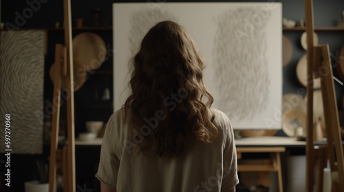 Creative Solitude: A Generative AI Art Documentary Shot of a Woman Artist in Her Studio, Captured from the Back