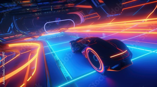 Create a futuristic racing game with sleek hovercars and neon lit tracks