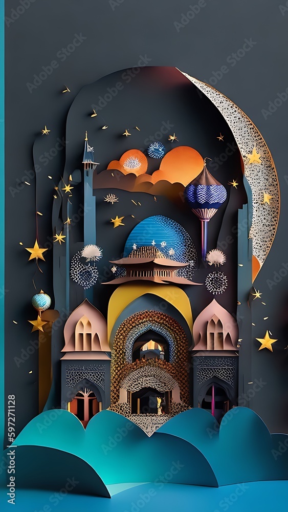 3D colorful illustration mosque with a crescent moon and stars in the ...