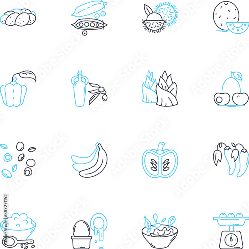 Food arts linear icons set. Plating, Garnishing, Culinary, Artisanal, Fusion, Composition, Aesthetics line vector and concept signs. Presentation,Edible,Creative outline illustrations Generative AI