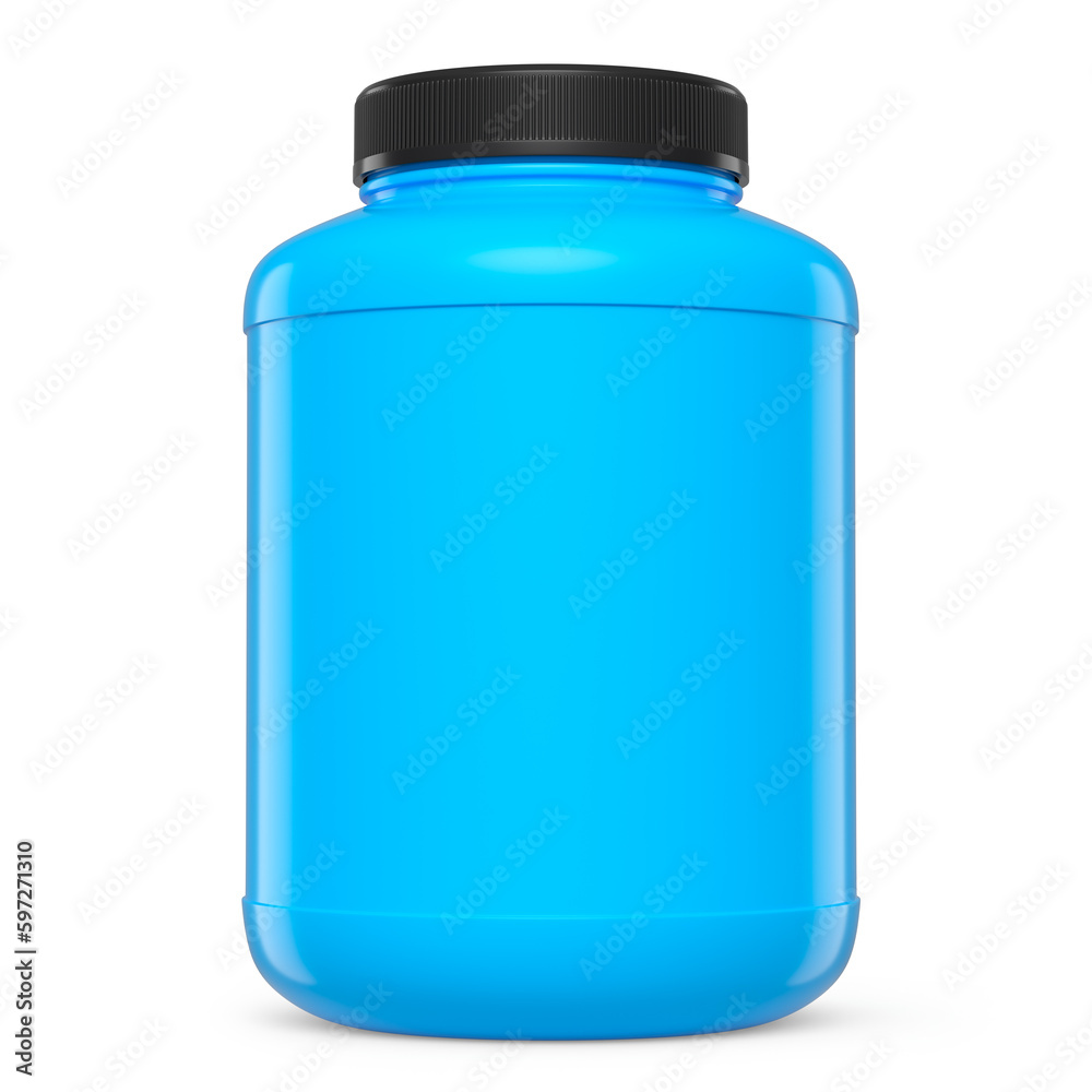 Blue plastic jar for sport nutrition whey protein powder isolated on white Blue plastic jar for sport nutrition whey protein powder isolated on white