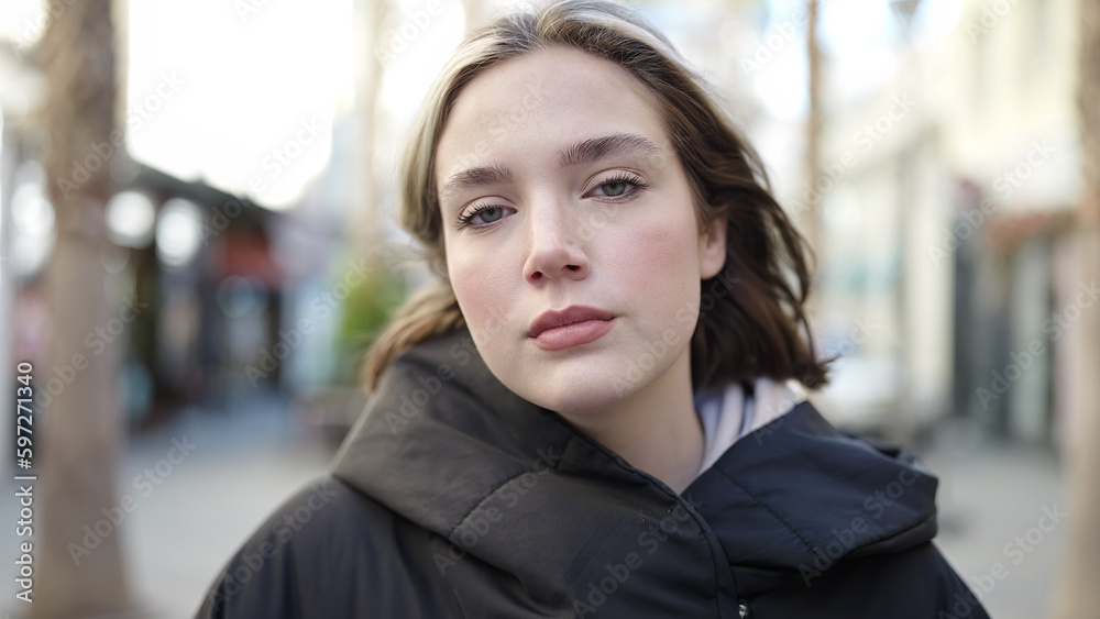 Young blonde woman standing with serious expression at street