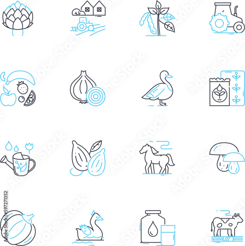 Field linear icons set. Agriculture, Cultivation, Harvest, Crops, Irrigation, Fertilization, Plowing line vector and concept signs. Tilling,Seedlings,Pesticides outline illustrations Generative AI
