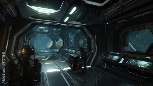 Create a sci-fi space station with sleek technology and high-tech weaponry