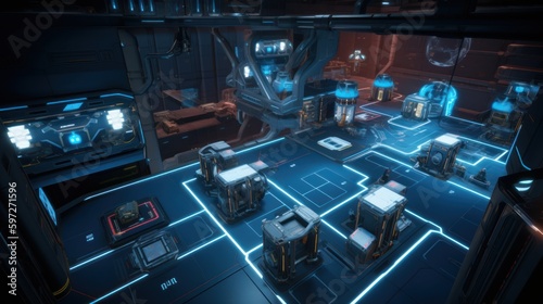 Create a sci-fi space station with sleek technology and high-tech weaponry