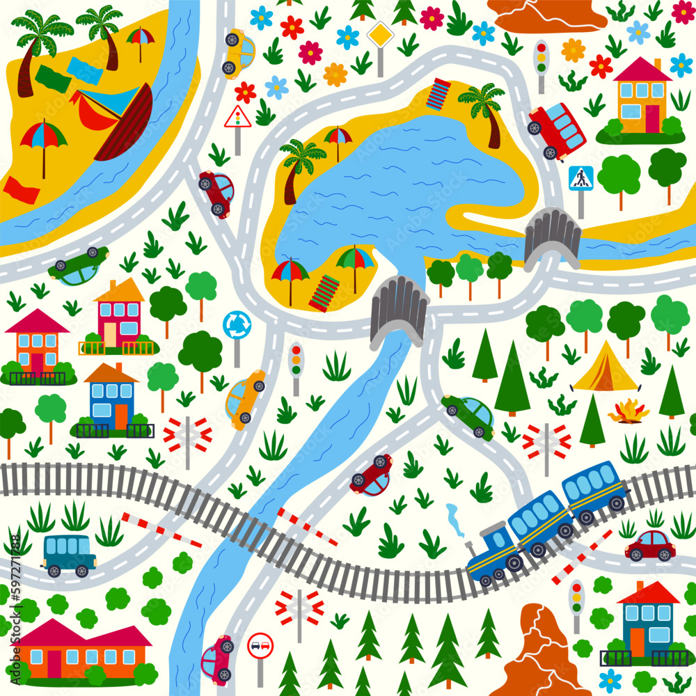 Detailed children's map of the city. Cars, buses and trains, houses and roads, river, forest and city seamless childish pattern
