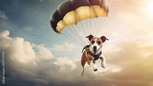 Happy dog in the sky with a parachute. ai generation