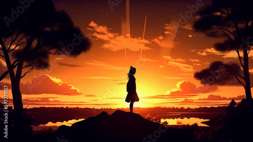 Golden Hour Dreamscapes  A Generative AI Silhouette Landscape in Anime Art Style during the Golden Hour
