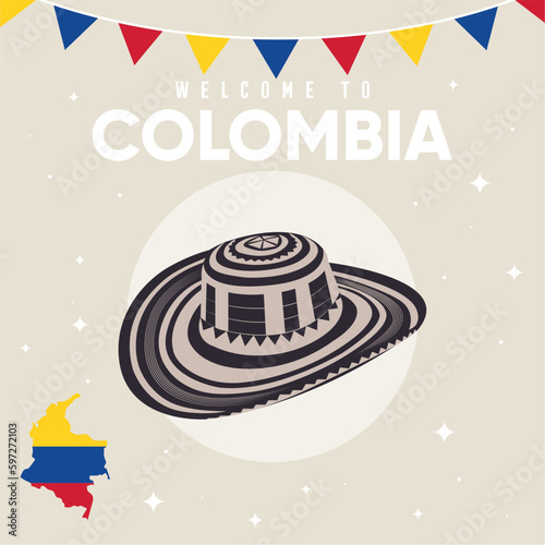 Colored colombia travel template with traditional hat Vector