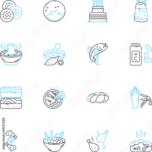 Epicurean tales linear icons set. Gastronomy, Pleasure, Indulgence, Sensuality, Decadence, Gourmet, Feast line vector and concept signs. Excess,Bliss,Luxurious outline illustrations Generative AI