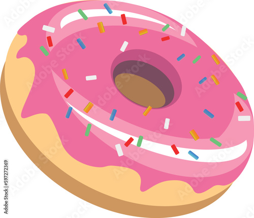 A simple pink glazed donut vector, dessert icon with sprinkles, shiny and delicious snack.