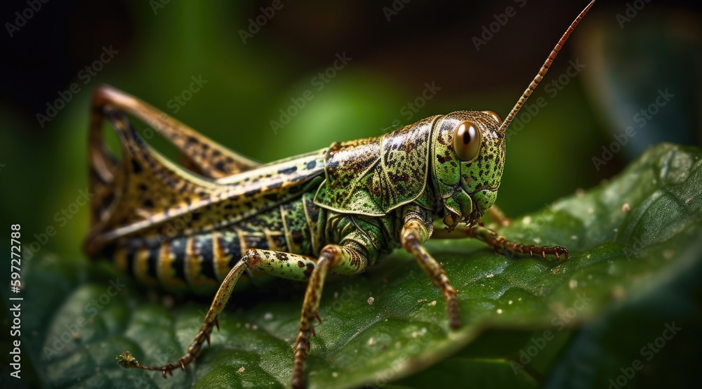 Grasshopper on Green Leaf Image. Grasshopper on Green Leaf Image.