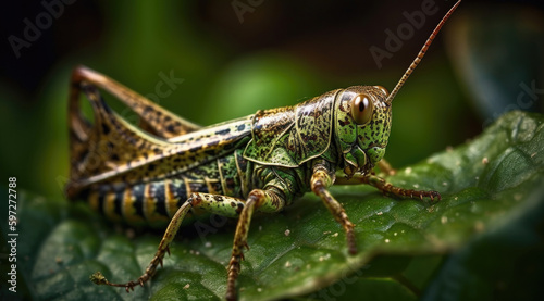 Grasshopper on Green Leaf Image.