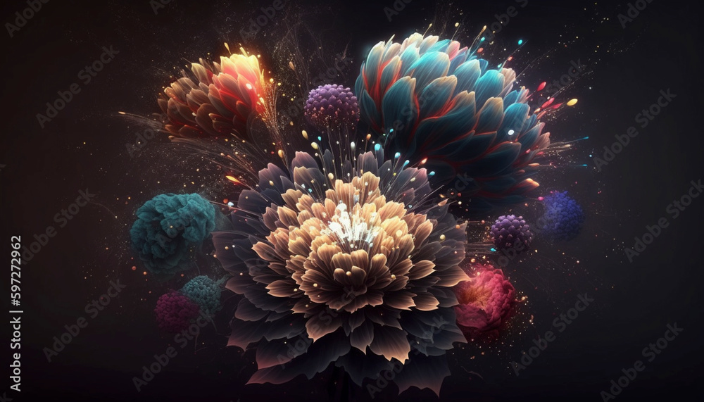 Obraz premium Beautiful flowers fantasy as firework on dark background.Generative AI.