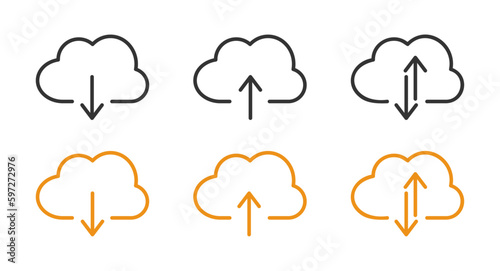 Cloud with arrow line vector icons set. Cloud with arrows up and down icons