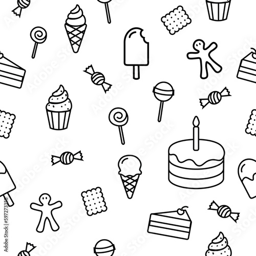 A seamless pattern with various kinds of sweets and desserts - birthday cake, one piece of birthday cake, lolly, ice cream, ice cream cone, gingerbread man, cracker, candy, cupcake.