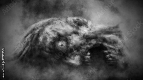 Картината върху платно Creepy severed head of the zombie king lies with its mouth open