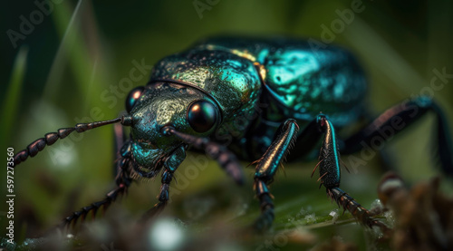 Tiny black beetle with iridescent green spots crawls across, standard image file format.