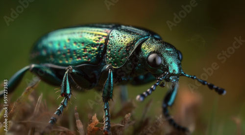 Tiny black beetle with iridescent green spots crawls across.