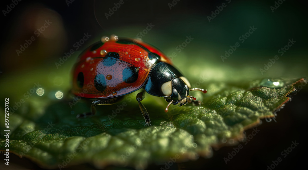Tiny ladybug crawls across leaf with red and black colors. Tiny ladybug crawls across leaf with red and black colors.