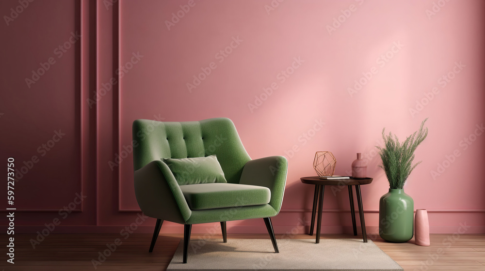 Armchair and potted plant in a room with pink lampshade, generative ai Armchair and potted plant in a room with pink lampshade, generative ai