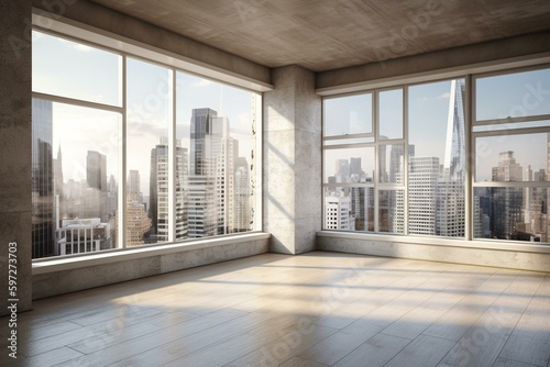 Daytime 3D rendering of an empty room interior with a view of downtown Chicago's skyline buildings through the window on a white wall background. Suitable for mockup concepts. Generative AI