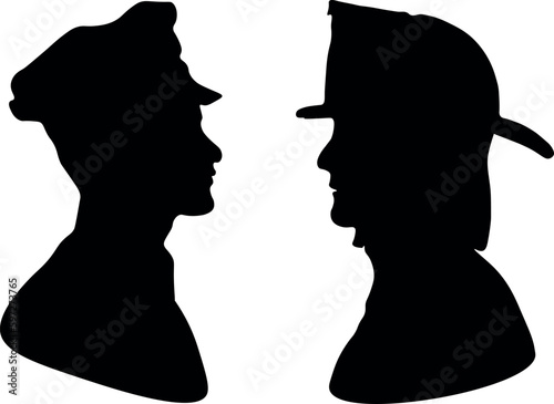 A black vector of a side view of silhouettes of a policeman and a firefighter.