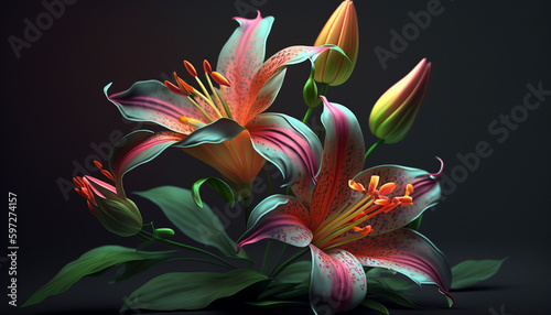 Glowing beautiful lily flowers.Generative AI.