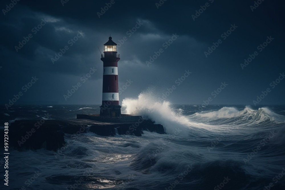 Lighthouse surrounded by raging waves after storm. Nighttime scenery. Generative AI