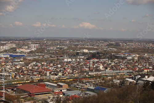 Panorama of the city of Lviv in Western Ukraine from a bird's eye view. Modern architecture of a medieval city. North-western districts of the millionth city. Residential buildings, businesses