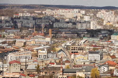 Panorama of the city of Lviv in Western Ukraine from a bird's eye view. Modern architecture of a medieval city. North-western districts of the millionth city. Residential buildings, businesses